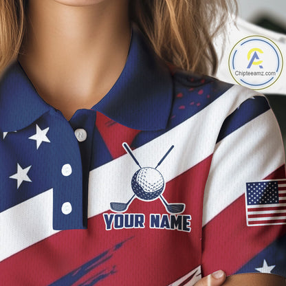 Female golfer wearing patriotic US flag golf polo shirt, red white blue golf apparel, custom golf team clothing, women's golf tournament outfit