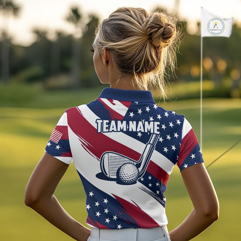 Female golfer wearing patriotic US flag golf polo shirt, red white blue golf apparel, custom golf team clothing, women's golf tournament outfit
