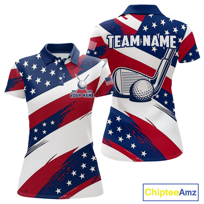 Women's US Flag golf polo shirt, patriotic red white and blue golf apparel, custom golf team shirt, golf tournament polo, personalized golf clothing, golf gift for women