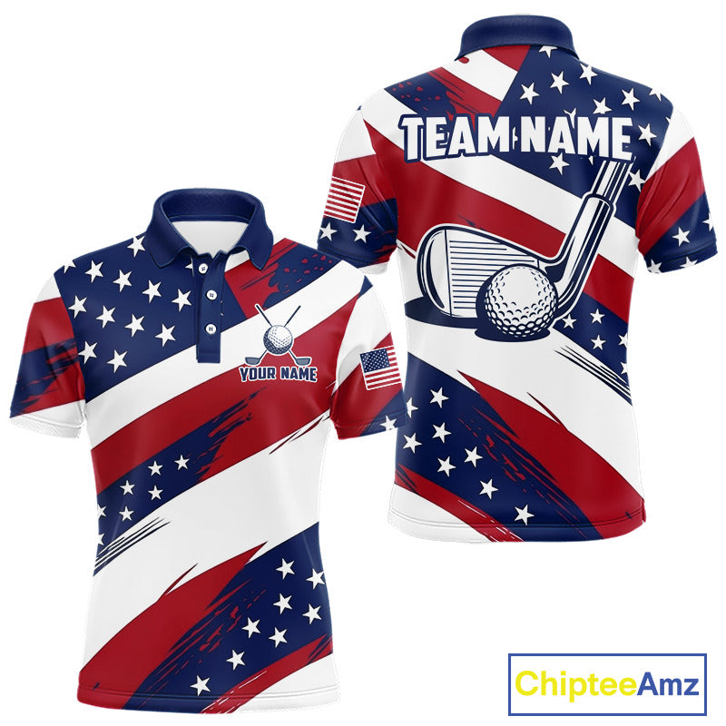 Men's US Flag golf polo shirt, patriotic red white and blue golf apparel, custom golf team shirt, golf tournament polo, personalized golf clothing, golf gift for men