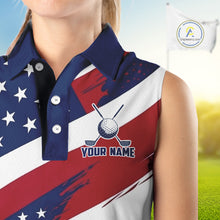 Load image into Gallery viewer, Female golfer wearing patriotic US flag golf polo shirt, red white blue golf apparel, custom golf team clothing, women's golf tournament outfit
