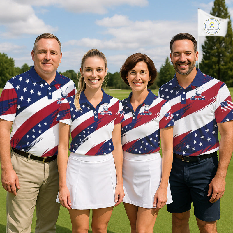 Men women golf team wearing matching US flag golf polo shirts, patriotic golf uniforms, golf league apparel, custom golf team attire
