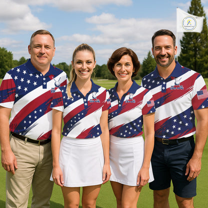 Men women golf team wearing matching US flag golf polo shirts, patriotic golf uniforms, golf league apparel, custom golf team attire