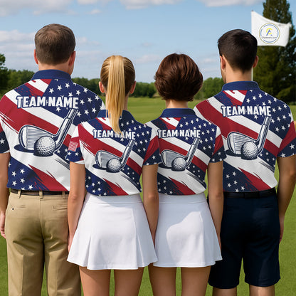 Men women golf team wearing matching US flag golf polo shirts, patriotic golf uniforms, golf league apparel, custom golf team attire