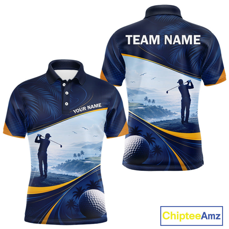 Men's palm trees golf polo shirt, tropical ocean golf apparel, personalized golf shirt, summer golf clothing, resort golf polo, golf vacation outfit
