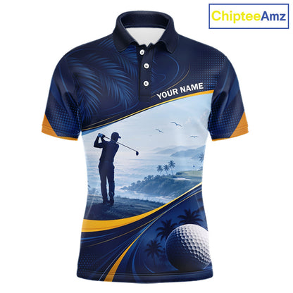 Men's palm trees golf polo shirt, tropical ocean golf apparel, personalized golf shirt, summer golf clothing, resort golf polo, golf vacation outfit