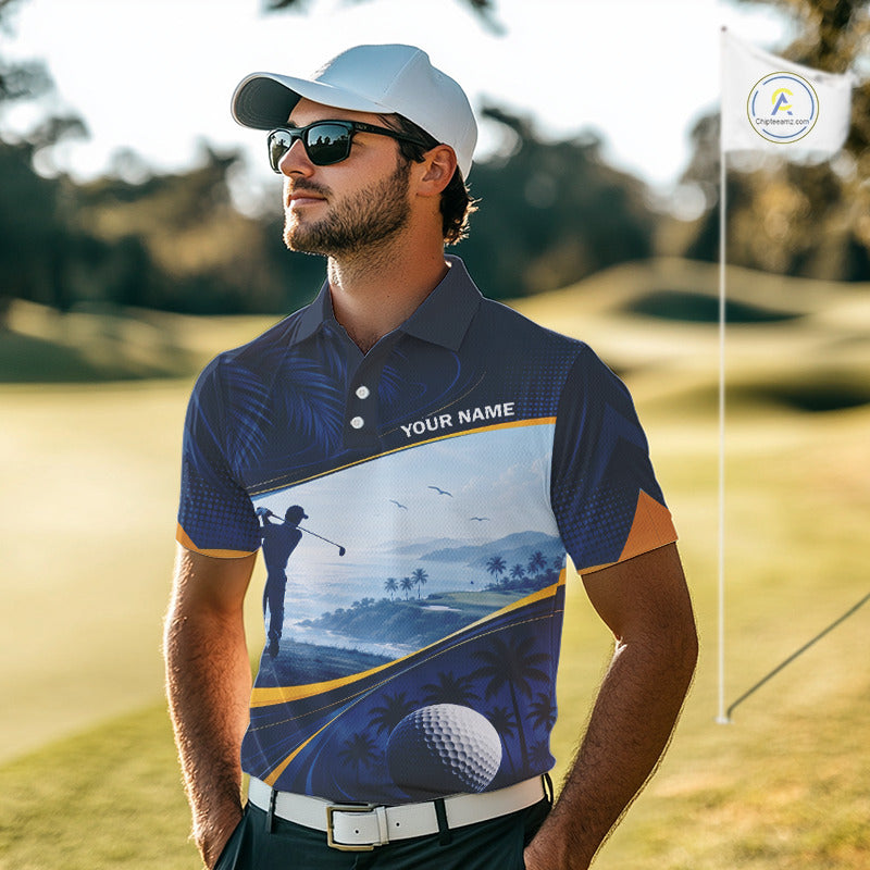 Male golfer wearing tropical palm trees golf polo shirt, ocean golf apparel, summer golf outfit, personalized golf clothing