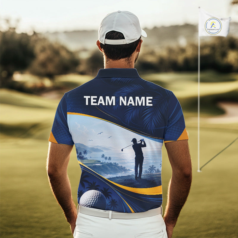 Male golfer wearing tropical palm trees golf polo shirt, ocean golf apparel, summer golf outfit, personalized golf clothing