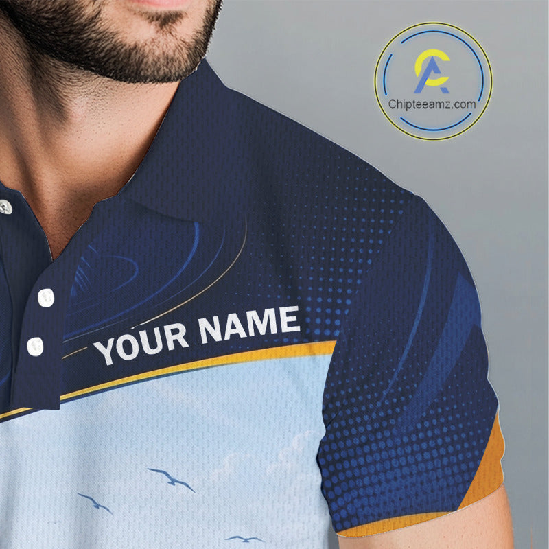 Male golfer wearing tropical palm trees golf polo shirt, ocean golf apparel, summer golf outfit, personalized golf clothing