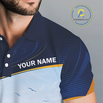 Male golfer wearing tropical palm trees golf polo shirt, ocean golf apparel, summer golf outfit, personalized golf clothing