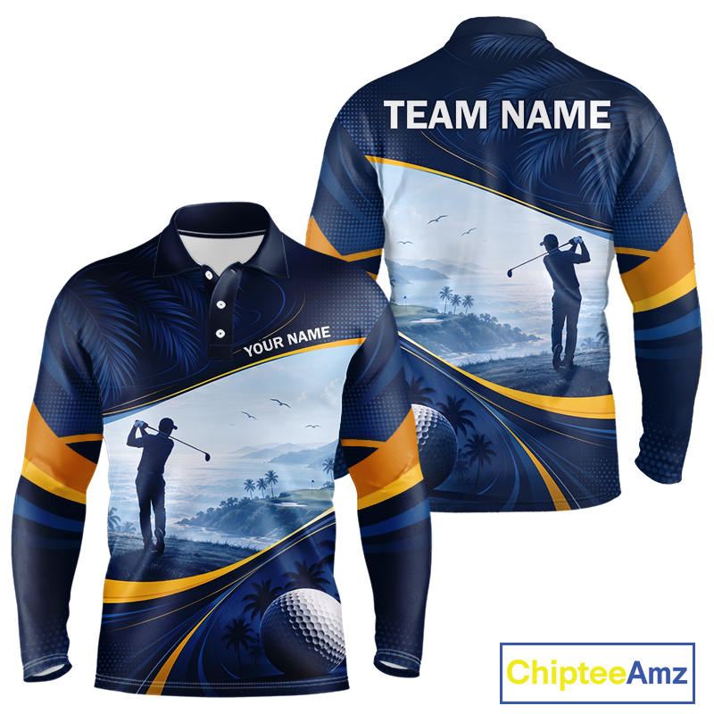 Men's palm trees golf long sleeves polo shirt, tropical ocean golf apparel, personalized golf shirt, summer golf clothing, resort golf polo, golf vacation outfit