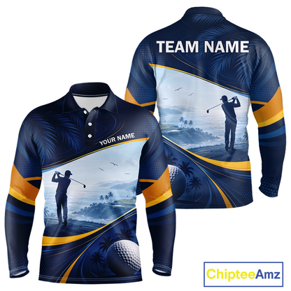 Men's palm trees golf long sleeves polo shirt, tropical ocean golf apparel, personalized golf shirt, summer golf clothing, resort golf polo, golf vacation outfit