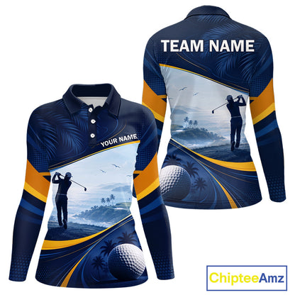 Women's palm trees golf long sleeves polo shirt, tropical ocean golf apparel, personalized golf shirt, summer golf clothing, resort golf polo, golf vacation outfit