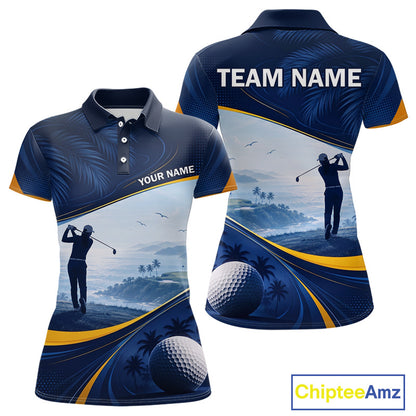 Women's palm trees golf short sleeves polo shirt, tropical ocean golf apparel, personalized golf shirt, summer golf clothing, resort golf polo, golf vacation outfit