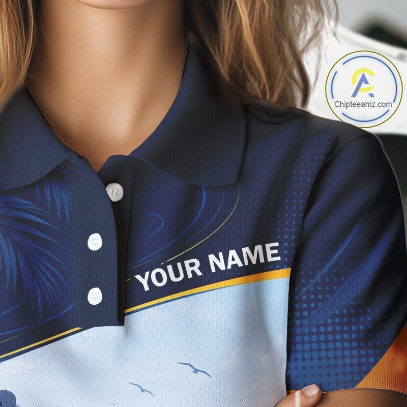 Female golfer wearing tropical palm trees golf polo shirt, ocean golf apparel, summer golf outfit, personalized golf clothing