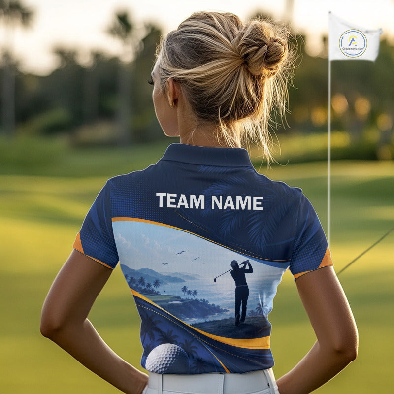 Female golfer wearing tropical palm trees golf polo shirt, ocean golf apparel, summer golf outfit, personalized golf clothing