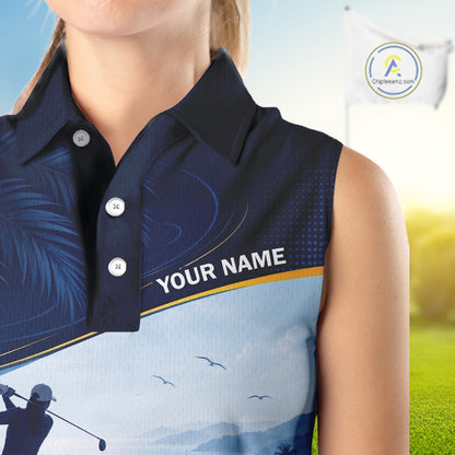 Female golfer wearing tropical palm trees golf polo shirt, ocean golf apparel, summer golf outfit, personalized golf clothing