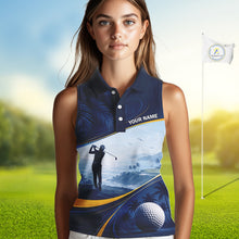 Load image into Gallery viewer, Female golfer wearing tropical palm trees golf polo shirt, ocean golf apparel, summer golf outfit, personalized golf clothing