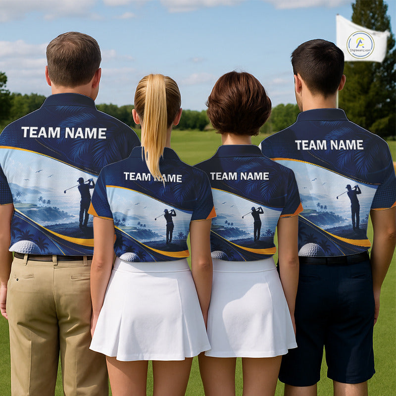 Men women golf team wearing matching tropical palm tree golf polo shirts, resort golf uniforms, golf outing apparel
