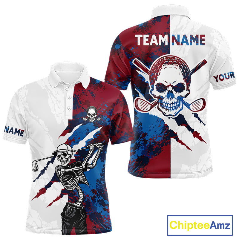 Men's red and blue splatter skull golf polo shirt, skull golf apparel, custom golf team shirt, funny golf clothing, tournament golf polo