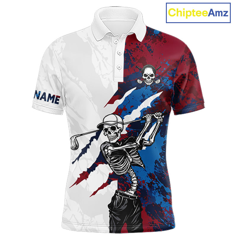 Men's red and blue splatter skull golf polo shirt, skull golf apparel, custom golf team shirt, funny golf clothing, tournament golf polo
