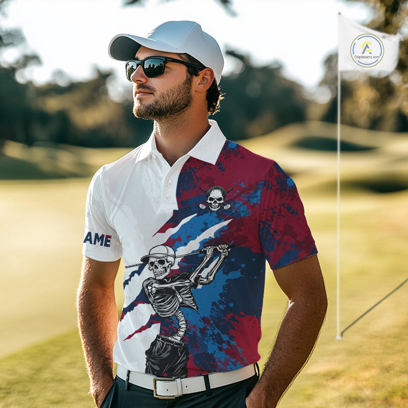 Male golfer wearing red blue splatter skull golf polo shirt, custom skull golf apparel, men's golf outfit