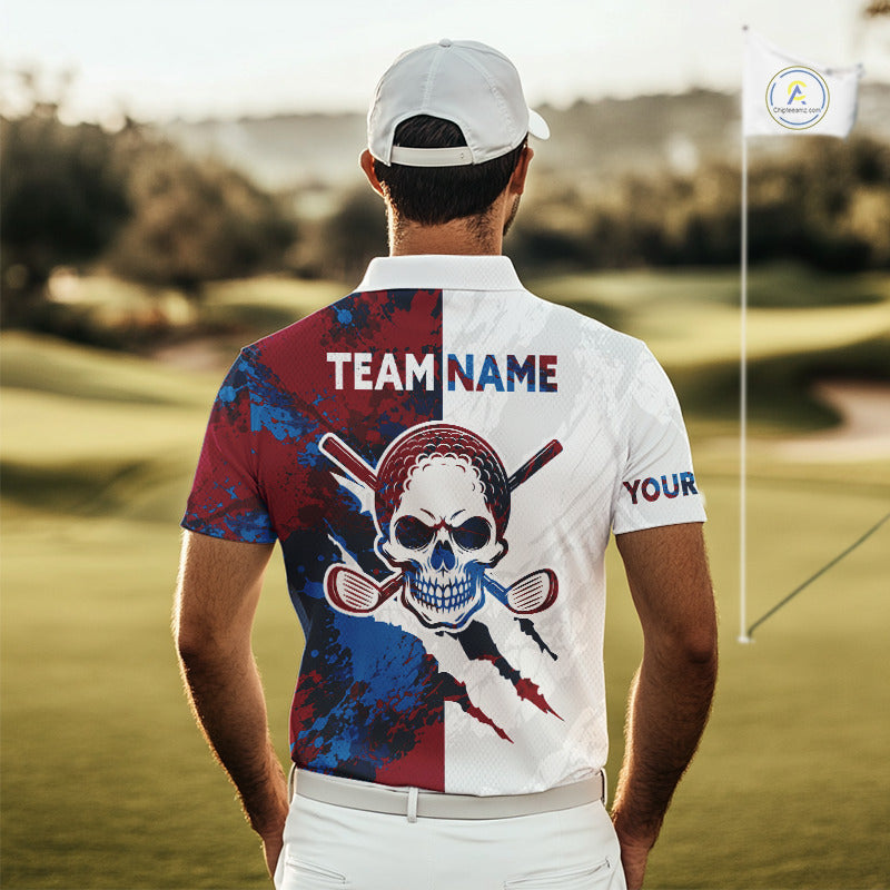 Male golfer wearing red blue splatter skull golf polo shirt, custom skull golf apparel, men's golf outfit