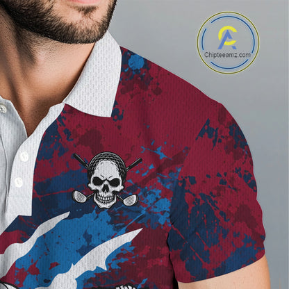 Male golfer wearing red blue splatter skull golf polo shirt, custom skull golf apparel, men's golf outfit