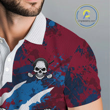 Load image into Gallery viewer, Male golfer wearing red blue splatter skull golf polo shirt, custom skull golf apparel, men's golf outfit