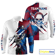 Load image into Gallery viewer, Men's red and blue splatter skull golf long sleeves  polo shirt, skull golf apparel, custom golf team shirt, funny golf clothing, tournament golf polo