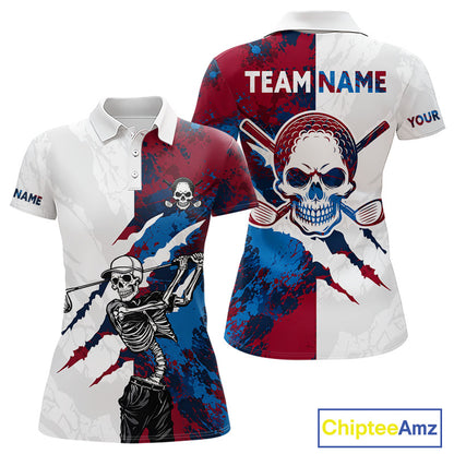 Women's red and blue splatter skull golf polo shirt, skull golf apparel, custom golf team shirt, funny golf clothing, tournament golf polo