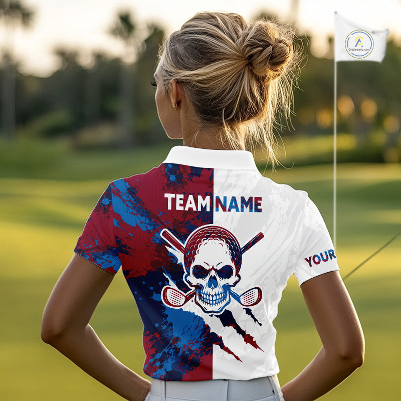 Female golfer wearing red blue splatter skull golf polo shirt, custom skull golf apparel, women's golf outfit