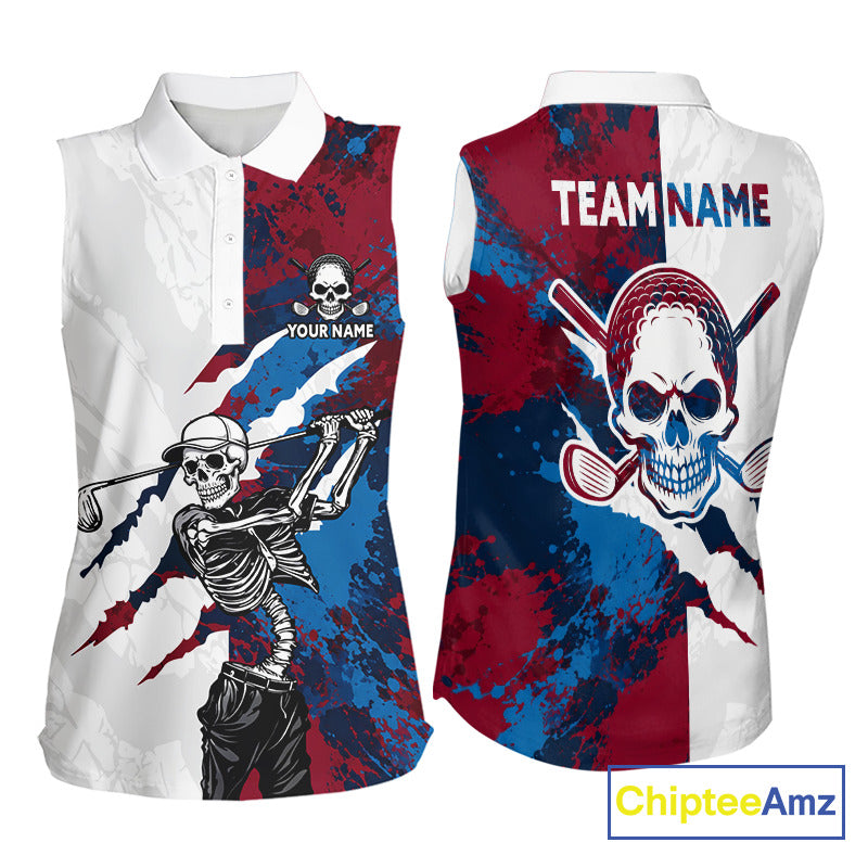 Women's red and blue splatter skull golf sleeveless polo shirt, skull golf apparel, custom golf team shirt, funny golf clothing, tournament golf polo