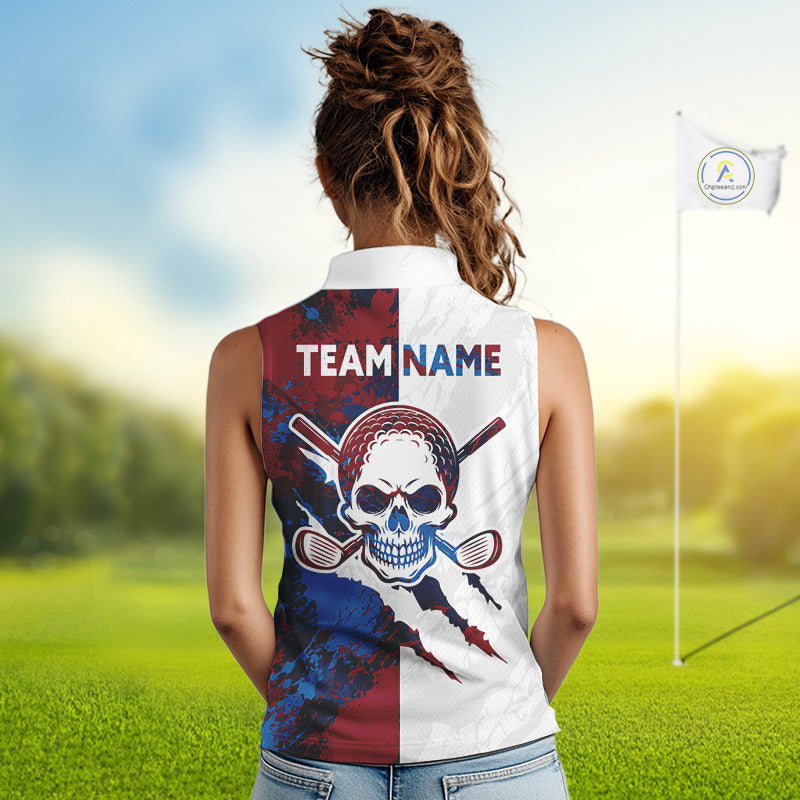 Female golfer wearing red blue splatter skull golf polo shirt, custom skull golf apparel, women's golf outfit