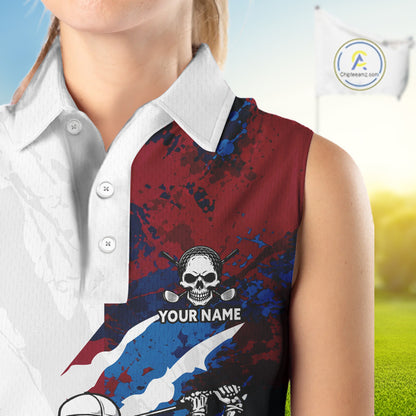 Female golfer wearing red blue splatter skull golf polo shirt, custom skull golf apparel, women's golf outfit