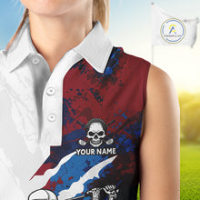 Load image into Gallery viewer, Female golfer wearing red blue splatter skull golf polo shirt, custom skull golf apparel, women's golf outfit