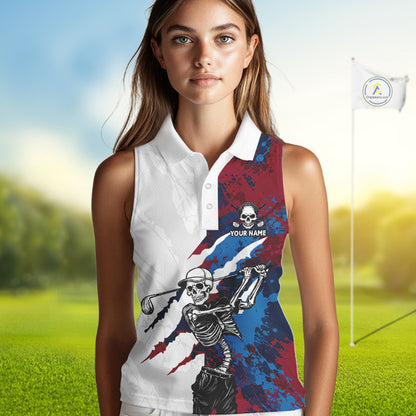 Female golfer wearing red blue splatter skull golf polo shirt, custom skull golf apparel, women's golf outfit