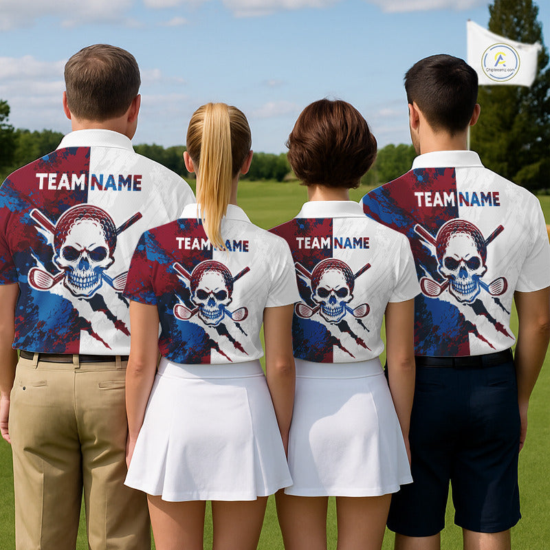 Men women golf team wearing matching skull golf polo shirts, custom golf uniforms, golf tournament apparel