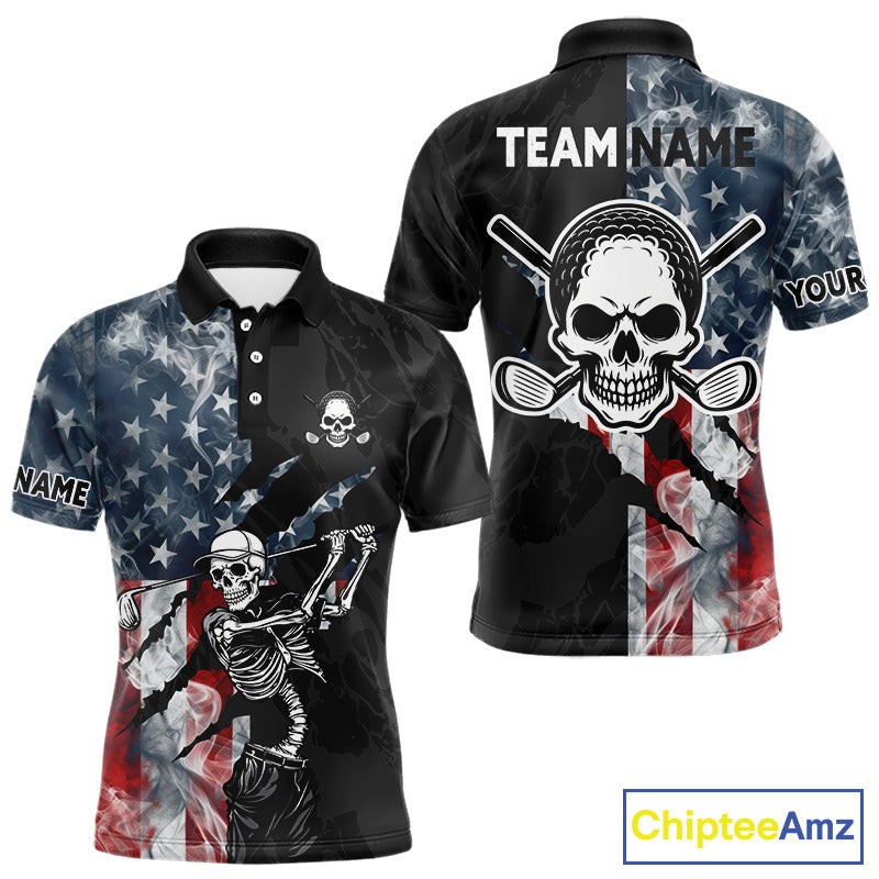 Men's smoke US flag skull golf polo shirt, patriotic golf apparel, American flag golf shirt, skull golf clothing, golf team uniform