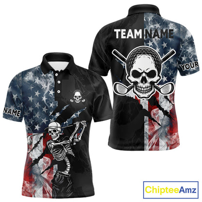 Men's smoke US flag skull golf polo shirt, patriotic golf apparel, American flag golf shirt, skull golf clothing, golf team uniform
