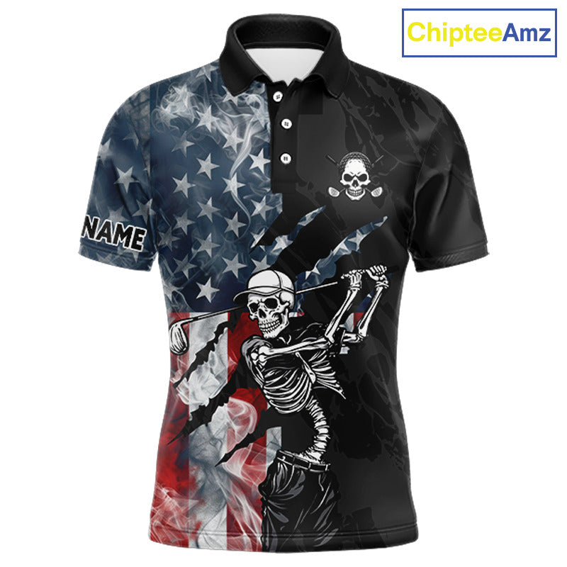 Men's smoke US flag skull golf polo shirt, patriotic golf apparel, American flag golf shirt, skull golf clothing, golf team uniform