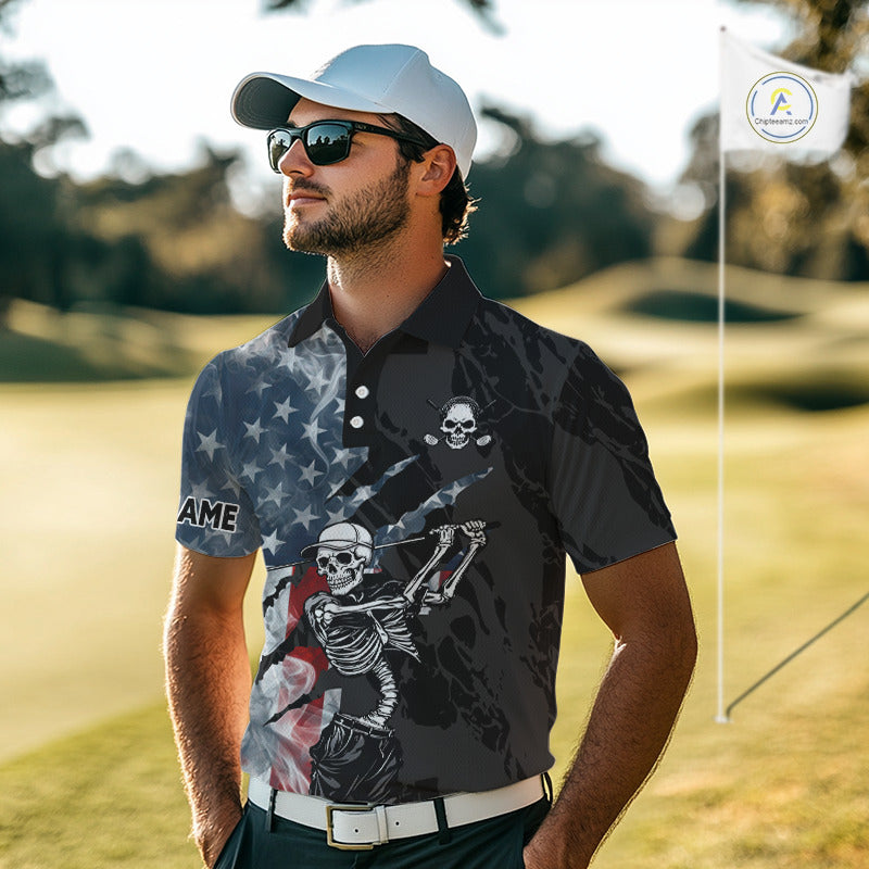 Male golfer wearing smoke US flag skull golf polo shirt, patriotic golf outfit, custom golf apparel