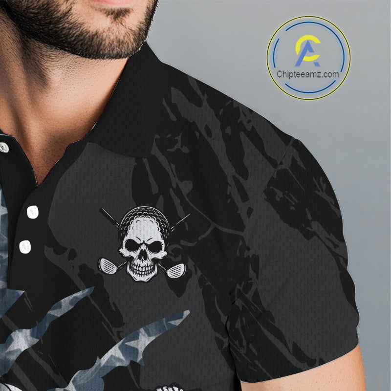 Male golfer wearing smoke US flag skull golf polo shirt, patriotic golf outfit, custom golf apparel