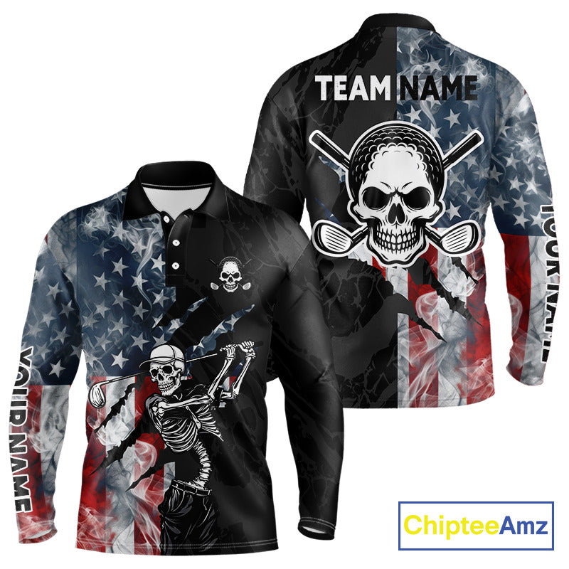 Men's smoke US flag skull golf long sleeveless polo shirt, patriotic golf apparel, American flag golf shirt, skull golf clothing, golf team uniform