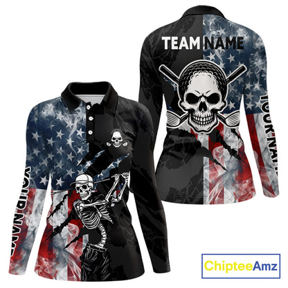 Women's smoke US flag skull golf long sleeves polo shirt, patriotic golf apparel, American flag golf shirt, skull golf clothing, golf team uniform 