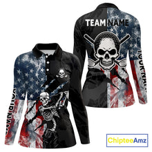 Load image into Gallery viewer, Women's smoke US flag skull golf long sleeves polo shirt, patriotic golf apparel, American flag golf shirt, skull golf clothing, golf team uniform 