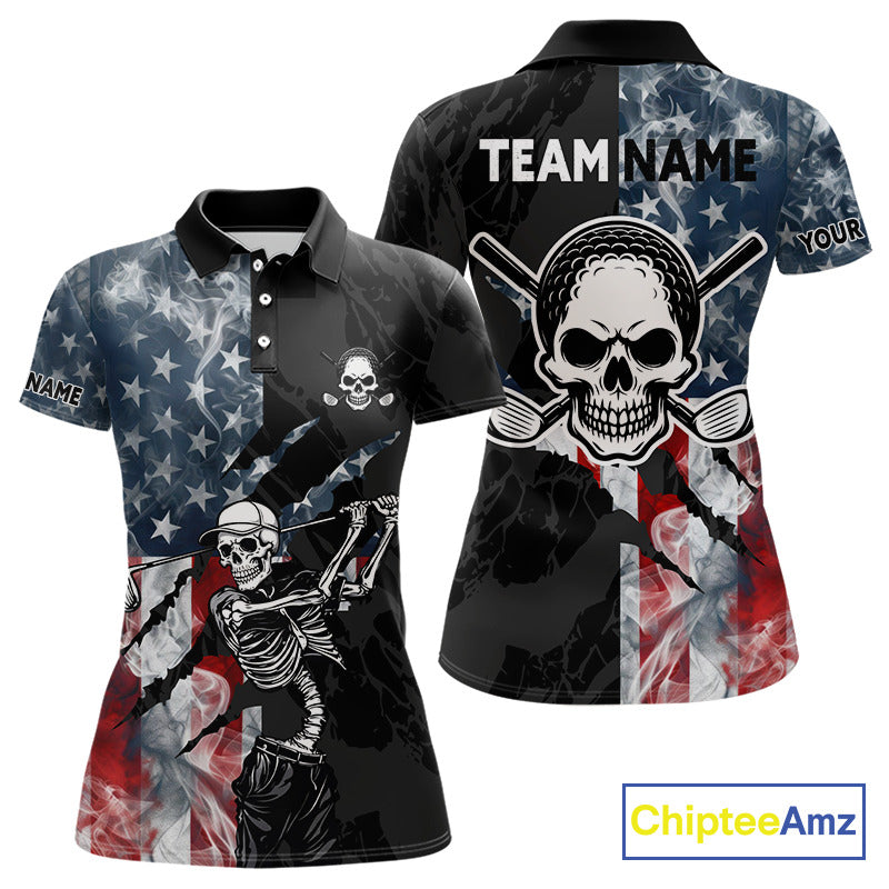 Women's smoke US flag skull golf short sleeves polo shirt, patriotic golf apparel, American flag golf shirt, skull golf clothing, golf team uniform 