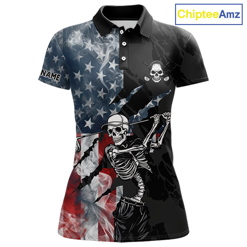 Women's smoke US flag skull golf short sleeves polo shirt, patriotic golf apparel, American flag golf shirt, skull golf clothing, golf team uniform 