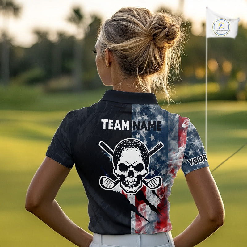Female golfer wearing smoke US flag skull golf polo shirt, patriotic golf outfit, custom golf apparel