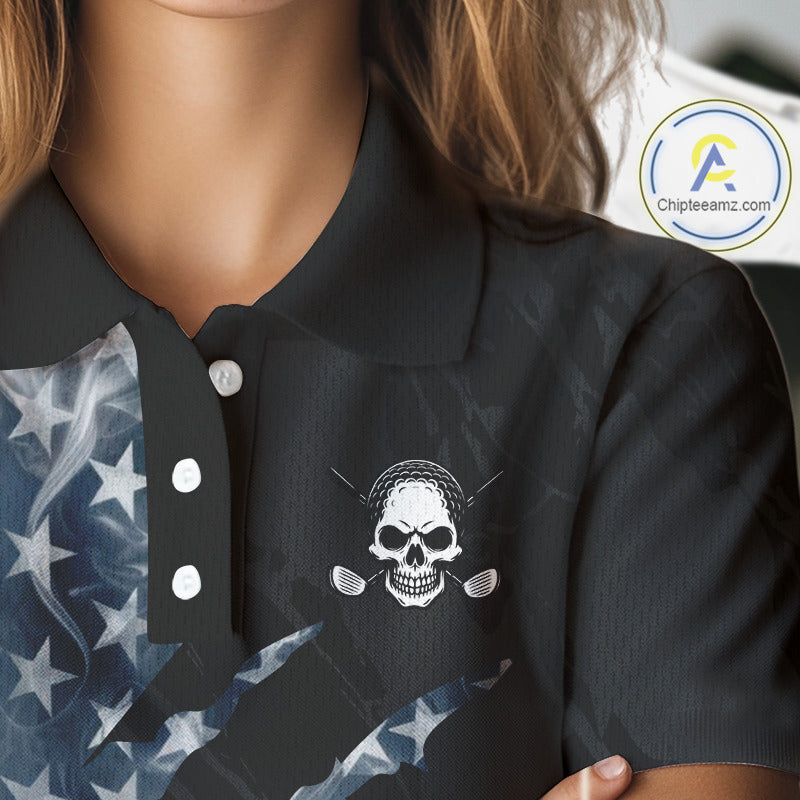 Female golfer wearing smoke US flag skull golf polo shirt, patriotic golf outfit, custom golf apparel